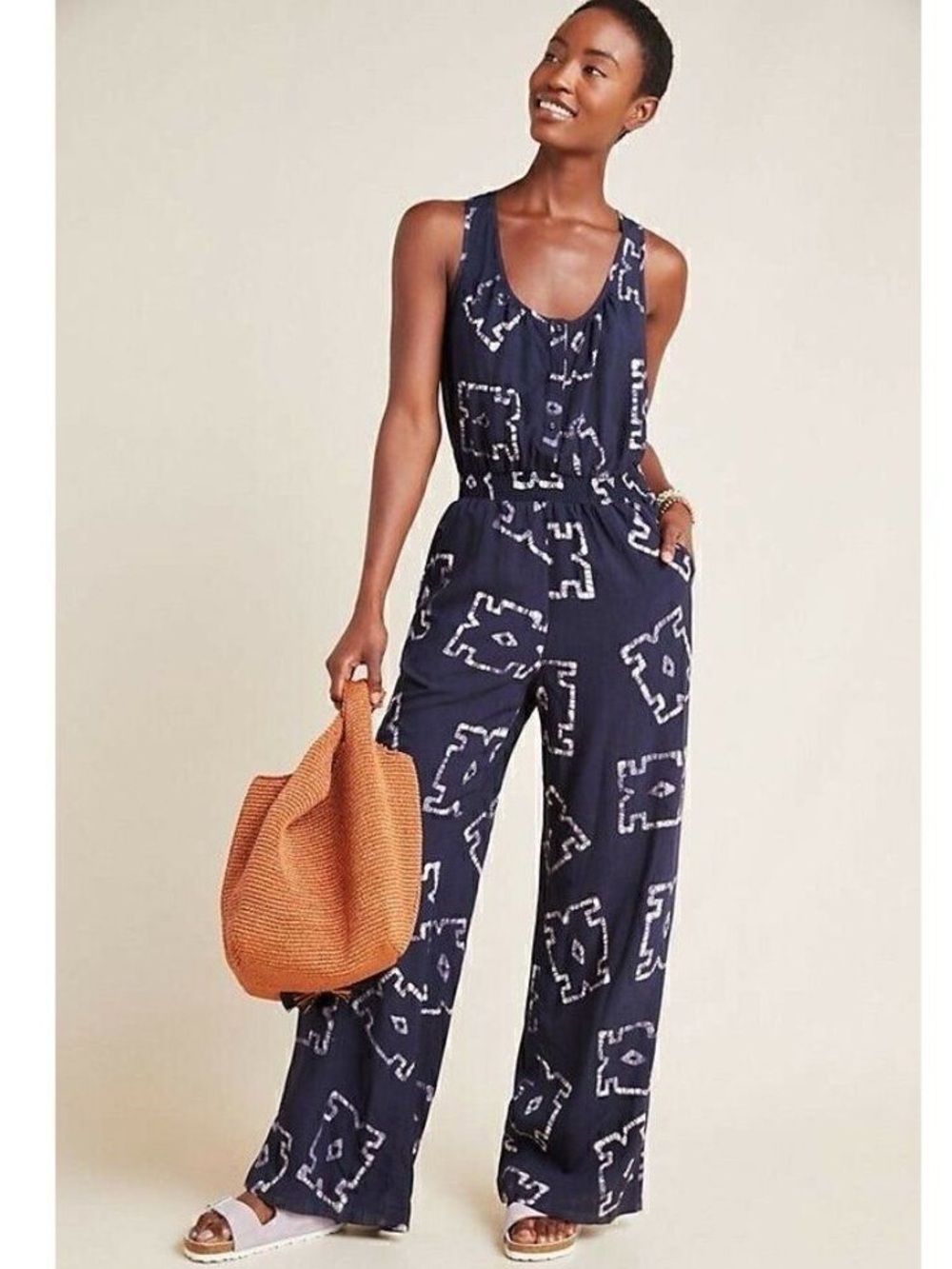 Anthropologie The Odell’s Phaedra Wide-Leg Jumpsuit Indigo Block Print Medium